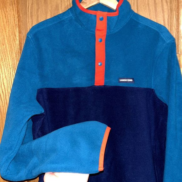 Land's End Men's M Blue Color Block Polar Fleece Quarter Snap Pullover Jacket - Picture 5 of 9